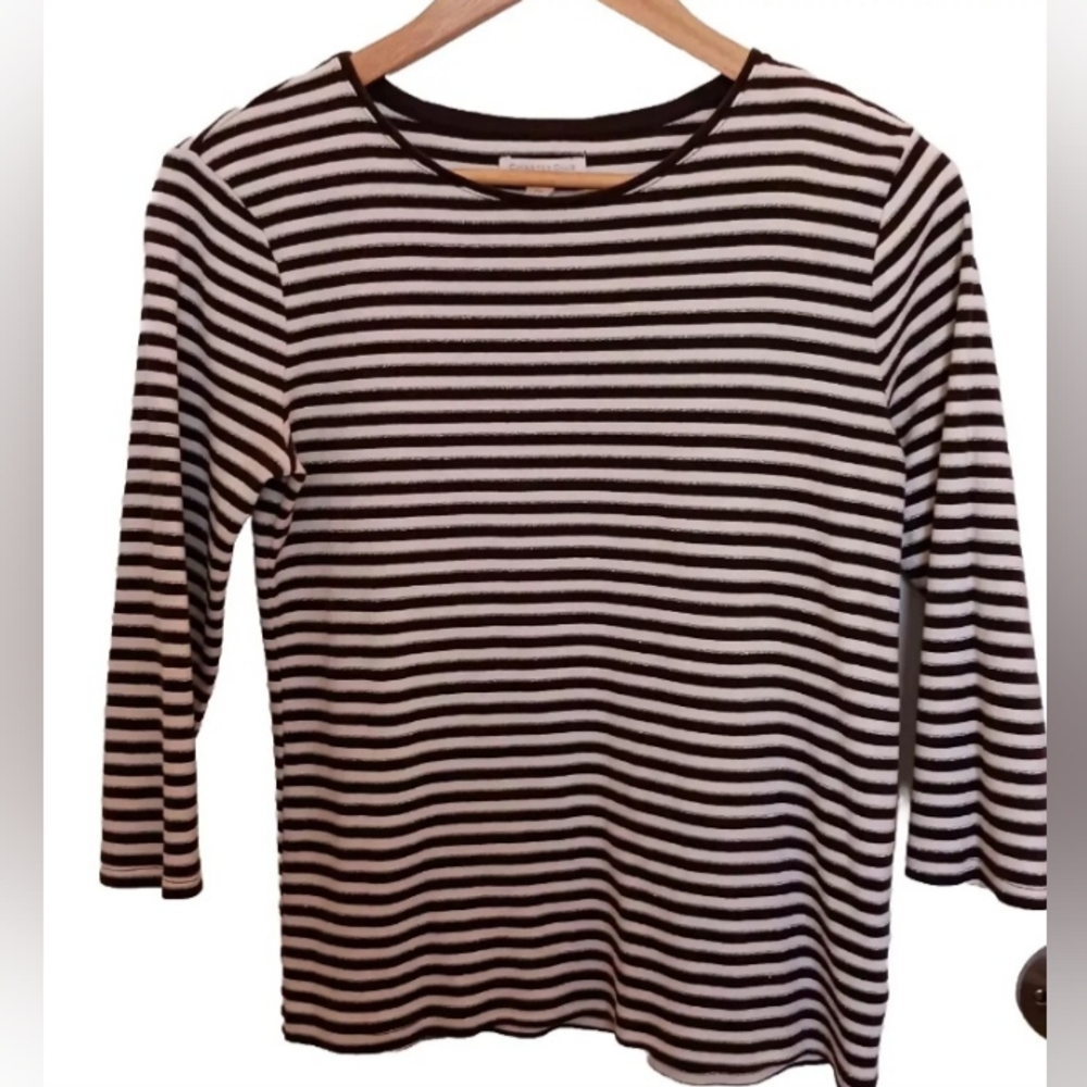Charter Club Brown & White Striped Shirt W/Silver Shimmery Lines Petite Medium